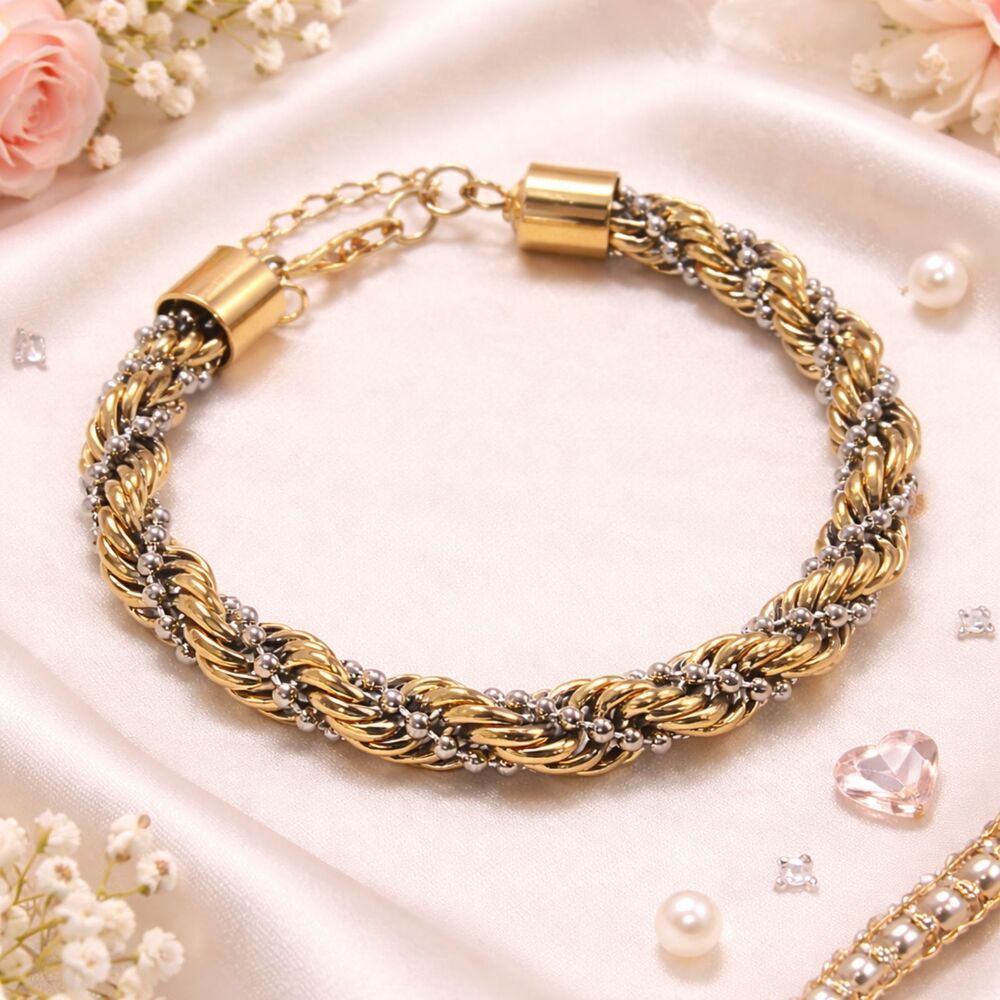 Chunky Two Tone Rope and Bead Twisted Bracelet
